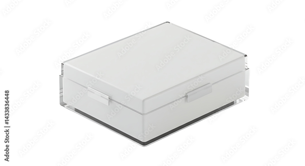 Poster a white rectangular box with a lid sitting on a transparent surface in a studio setting