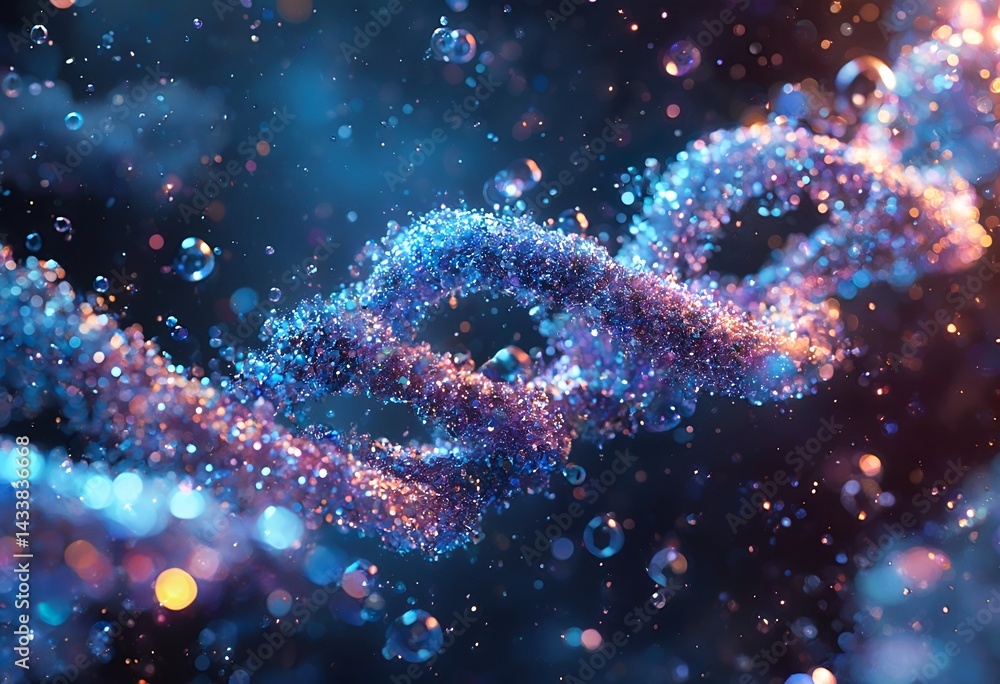 Poster a vibrant and abstract depiction of a double helix structure formed by glittering particles against 