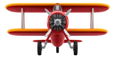 Front view of a red and yellow toy biplane with a propeller and black wheels.
