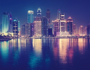 Fototapeta premium Vibrant Colorful Cityscape at Night with Glowing Towers and Water Reflections