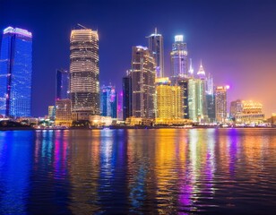 Fototapeta premium Vibrant Colorful Cityscape at Night with Glowing Towers and Water Reflections
