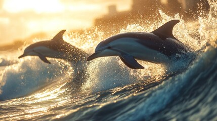 Two Dolphins Leaping Through Waves at Sunset
