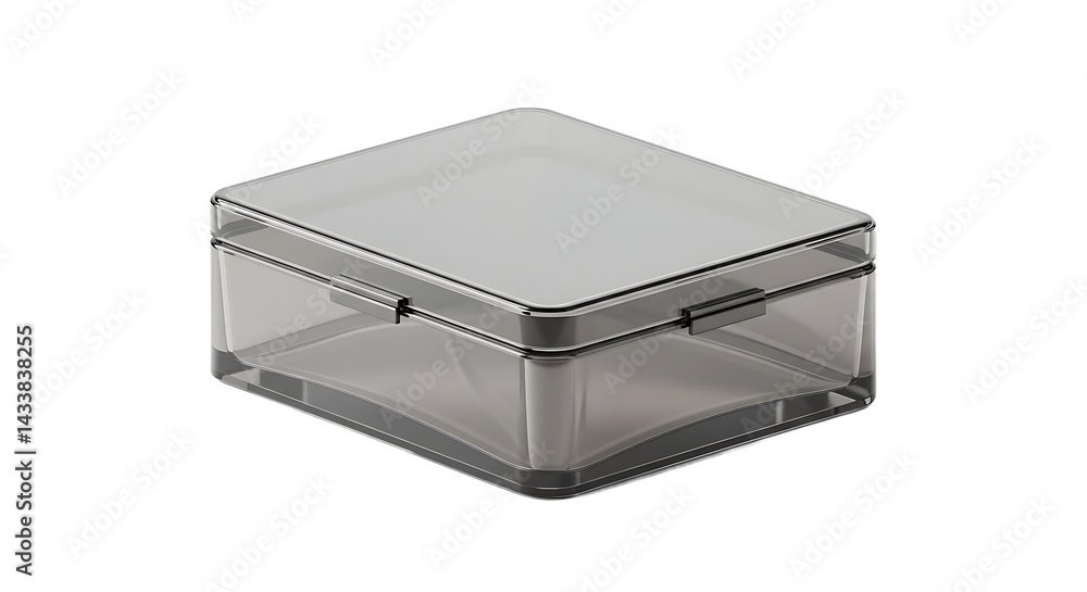 Poster a close up studio shot of a gray square transparent box with a lid on a plain background surface