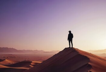 Person standing on sand dune at sunset in vast desert landscape