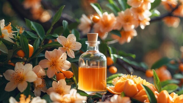 Botanical elixir surrounded by vibrant orange blossoms