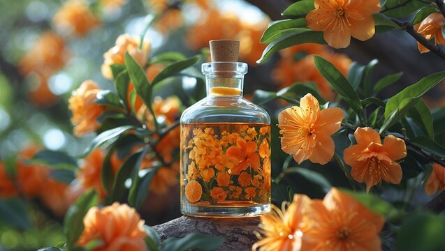 Botanical elixir in a floral embrace of light