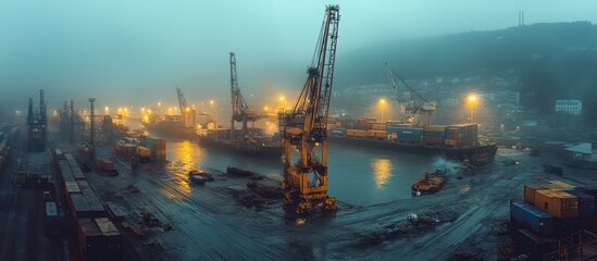 Foggy harbor cranes loading ships at dusk