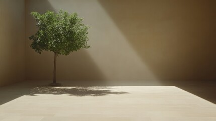 Obraz premium Minimalist interior scene with a single tree, bathed in sunlight