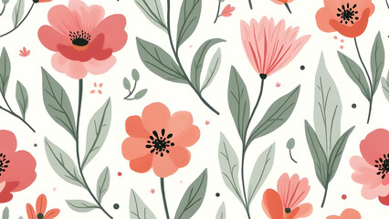 Elegant floral pattern with beautiful blooming flowers and green leaves