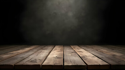 Rustic Wooden Plank Tabletop Against Dark Smokey Background Display