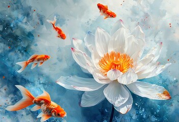 Naklejka premium a serene composition featuring a blooming white lotus flower surrounded by gracefully swimming golden goldfish against a textured blue background.
