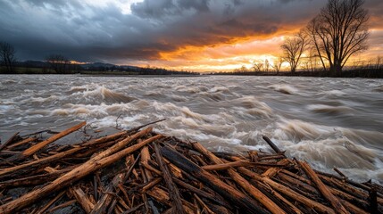 Flooding and inundation disasters impacting riverbank areas gigapixelhqscale environment dramatic sunset view