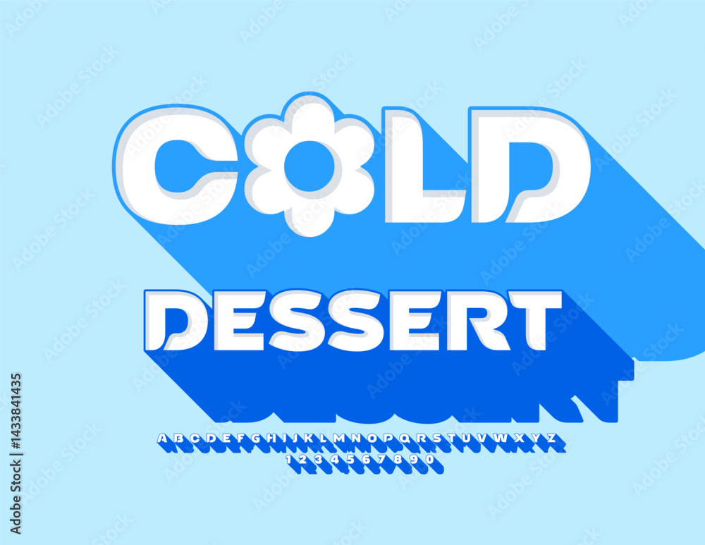 Poster vector unique advertisement cold dessert. 3d font with big blue shadow. cool decorative alphabet let
