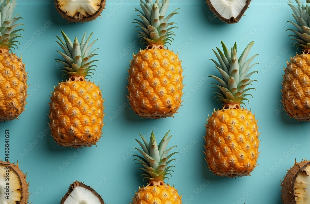 Poster a vibrant flat lay showcasing whole pineapples and halved coconuts arranged on a light blue backgrou