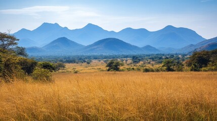 Fototapeta premium Golden Grassland and Distant Blue Mountains under a Clear Sky