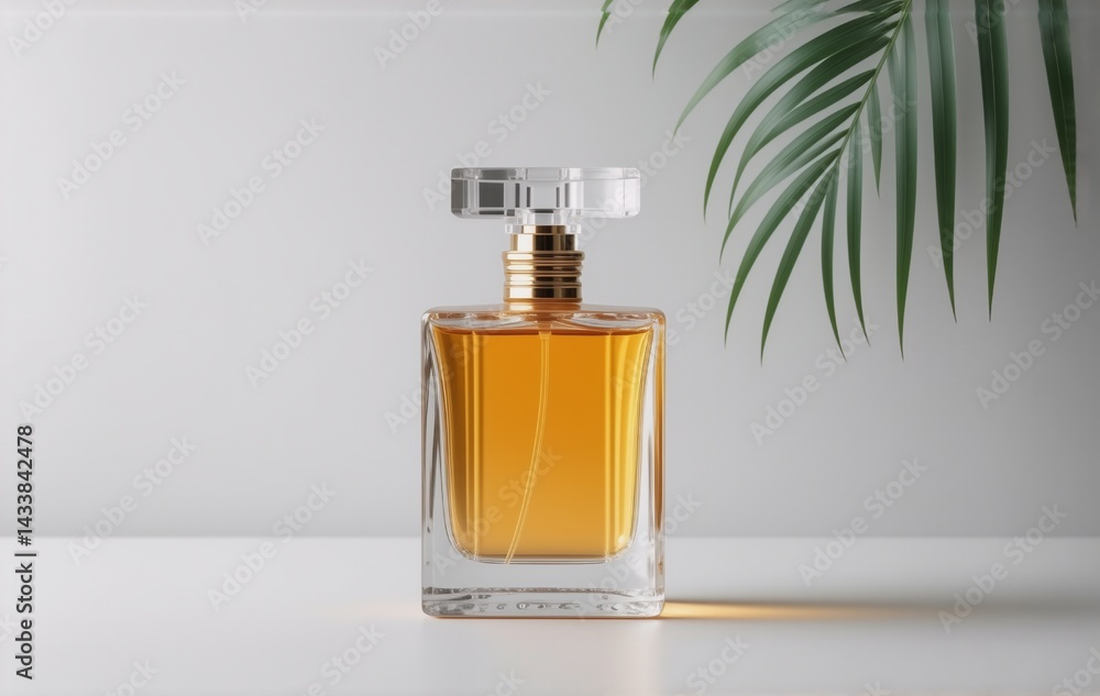 Poster a golden perfume bottle sits on a white surface, next to a palm frond, casting a soft shadow. the sc