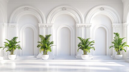 Elegant white interior with arched alcoves and palm trees