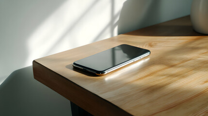 Modern mobile phone resting on a wooden surface in a pool of sunlight creating a peaceful ambiance