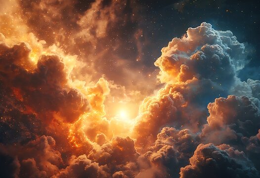a vibrant and swirling nebula of orange and gold clouds illuminated by a bright central star against a backdrop of distant galaxies.