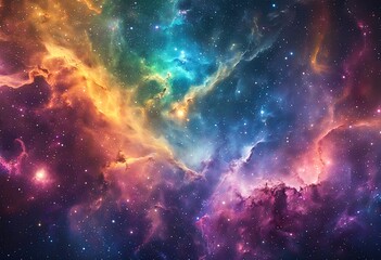 Fototapeta premium a vibrant and swirling nebula bursts with radiant colors of orange, teal, and magenta against a backdrop of countless distant stars.
