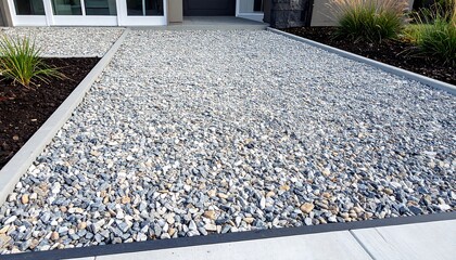 Closeup featuring a gravel drivewaygarden bed border, showing texture and landscaping. Great for showcasing home design, outdoor concepts, or construction details.