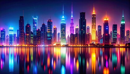Vibrant Colorful Cityscape at Night with Glowing Towers and Water Reflections
