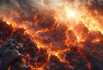 a digitally rendered depiction of intensely burning, cracked earth under a bright, fiery sky evokes a scene of volcanic eruption or apocalyptic destruction.