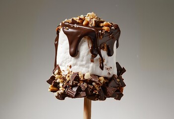 a close-up studio shot of a chocolate-covered frozen dessert bar coated in chopped nuts and chocolate pieces against a neutral gray background.