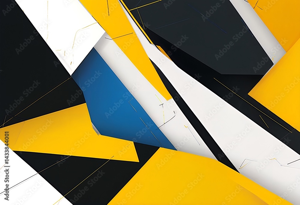 Poster a dynamic abstract composition featuring intersecting planes of bold yellow, black, blue, and white 