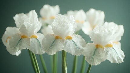 Fototapeta premium Delicate white irises against a muted teal backdrop. Close-up view of soft, elegant blossoms