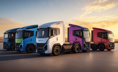Four electric semi-trucks in vibrant colors, showcasing modern design and clean energy transportation