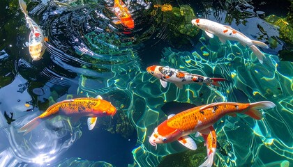 A vibrant koi pond with brilliantly colored fish gliding through crystal-clear water, ripples distorting their shimmering reflections.