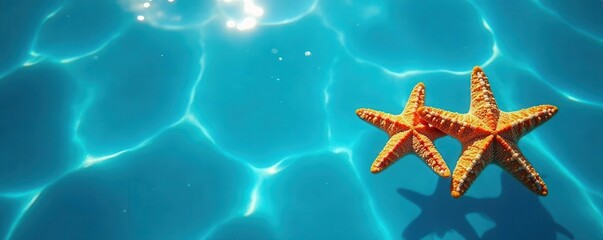 Abstract blue water backdrop, two starfish afloat , design, view, life