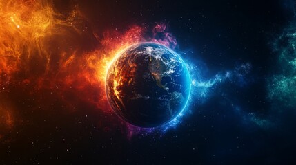 Obraz premium Fiery And Icy Planet In Cosmic Nebula