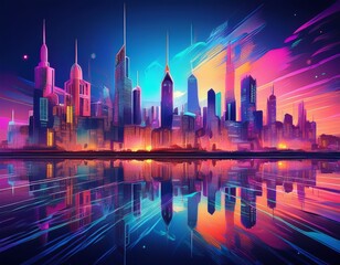 Fototapeta premium Vibrant Colorful Cityscape at Night with Glowing Towers and Water Reflections
