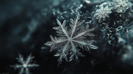 Obraz premium Detailed Closeup of a Single Snowflake on Dark Background