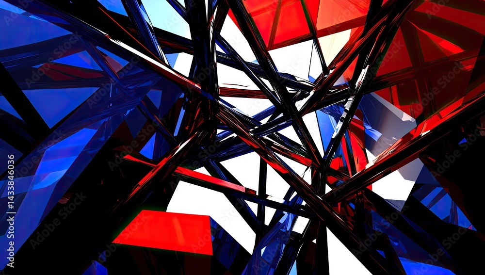 Poster Abstract 3D rendering of intersecting red, blue, and black glass structures against a white background