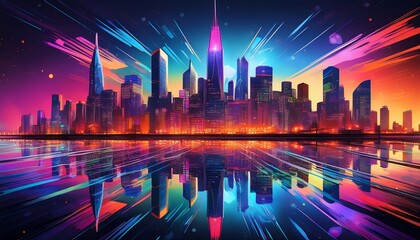 Vibrant Colorful Cityscape at Night with Glowing Towers and Water Reflections