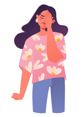 Annoyed and disappointed young woman. Dissatisfied face partially covered by hand in facepalm gesture, other hand clenched into fist in helplessness before overwhelmed emotions. Vector illustration