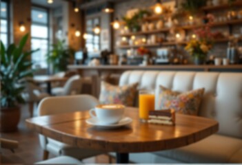 Fototapeta premium Blurred background of a restaurant or cafe. Beautiful bright restaurant table setting . Blurred Basic Bokeh Background for Design. Blurred flowers. Blurred coffe cup