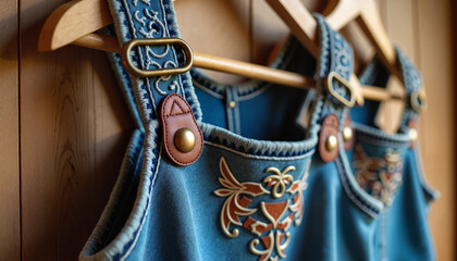 Traditional Folk-Inspired Blue Denim Children's Overalls with Copper Embroidery on Wooden Hangers