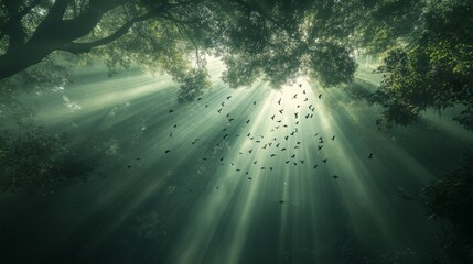 Sunbeams Filtering Through Lush Green Forest Canopy