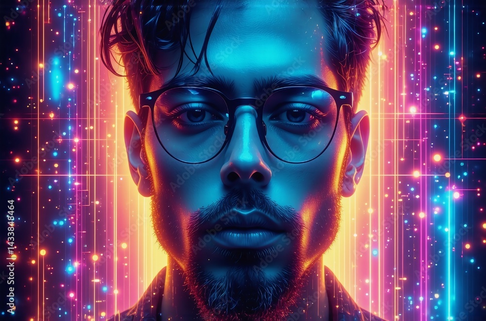 Fototapete this image showcases a man with glasses, bathed in futuristic neon light. the man's features are ill