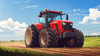 Obraz premium a red tractor is driving on the field.