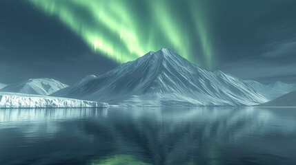 Majestic arctic landscape under a vibrant aurora borealis.  Frozen mountains, glaciers, and a calm lake reflect the ethereal light show