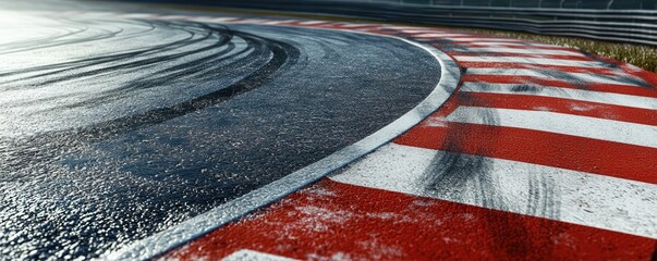 Wet race track corner with tire marks & red & white striped curb