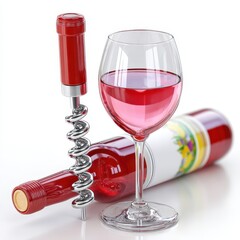 Red Wine Bottle and Glass with Corkscrew on a White Background Still Life