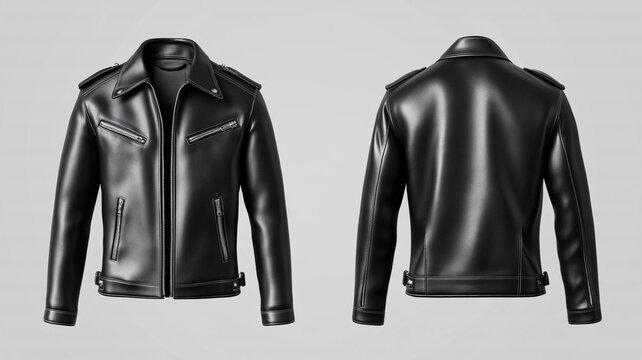 front and back view of blank black leather jacket for design presentation mockup or print advertising isolated on grey background.