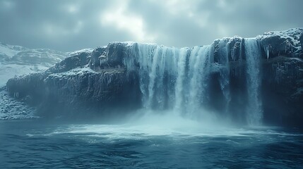 Naklejka premium Glacier Melting Into Waterfall Over Cliff Edge, Dramatic Global Warming Visual