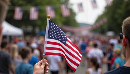 Patriotic Hand Holding American Flag Among Crowd at Outdoor Celebration